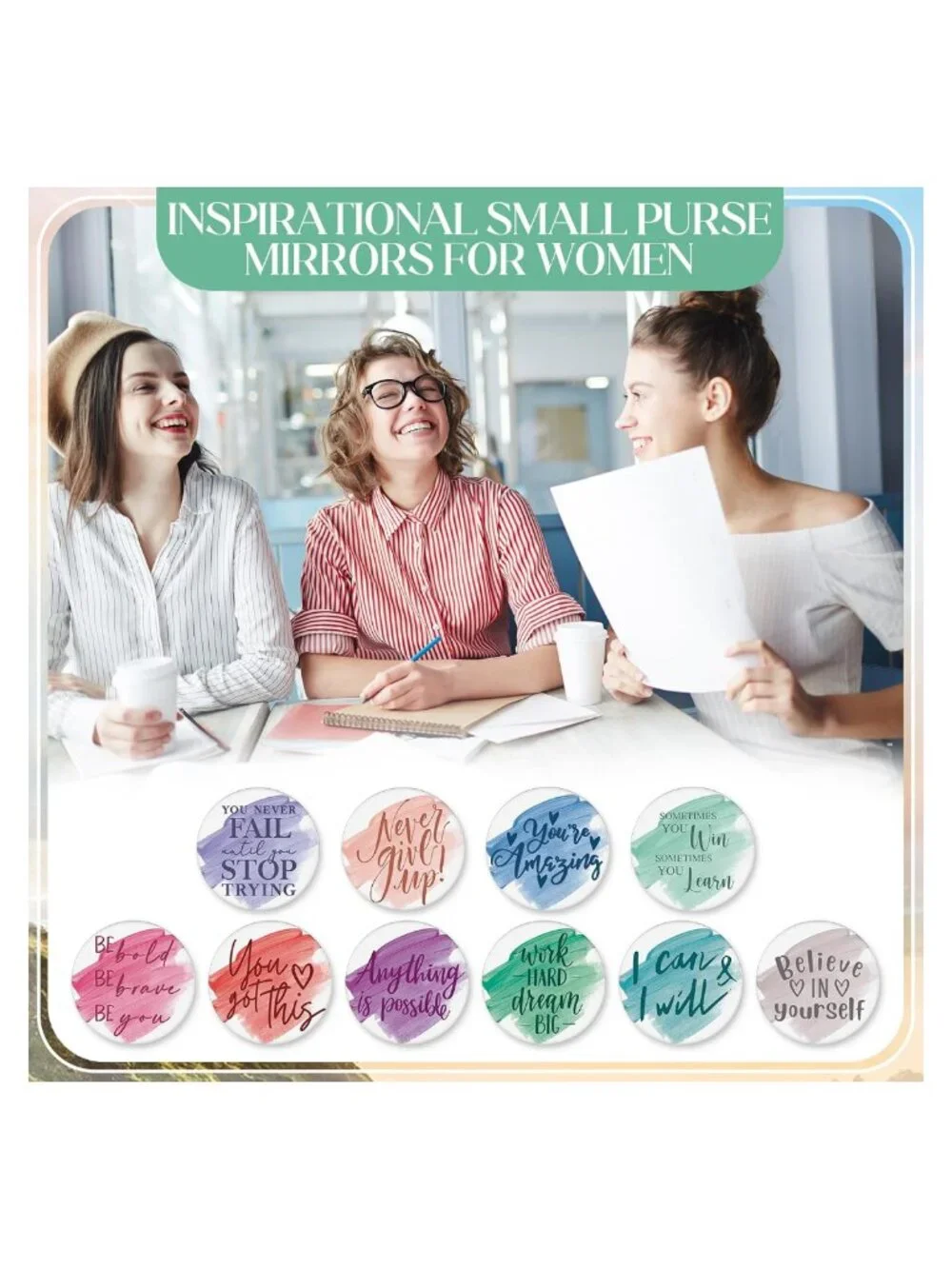 10 Canvas Makeup Bags & 10 Compact Mirrors Set Motivational Travel Pouch Gift